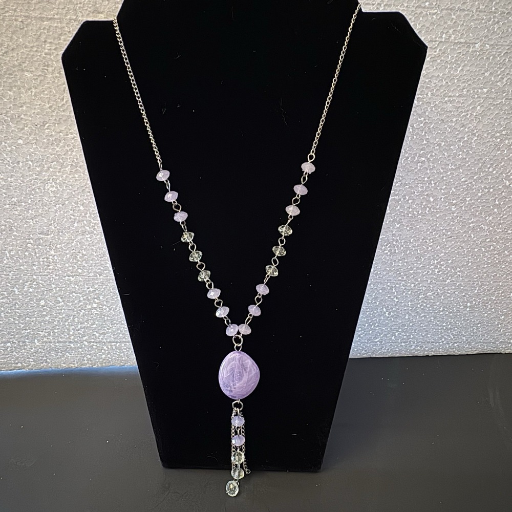 Pink Clear Beaded Tassel Necklace Oval Pendant Fairy Y2K Soft Romantic Statement